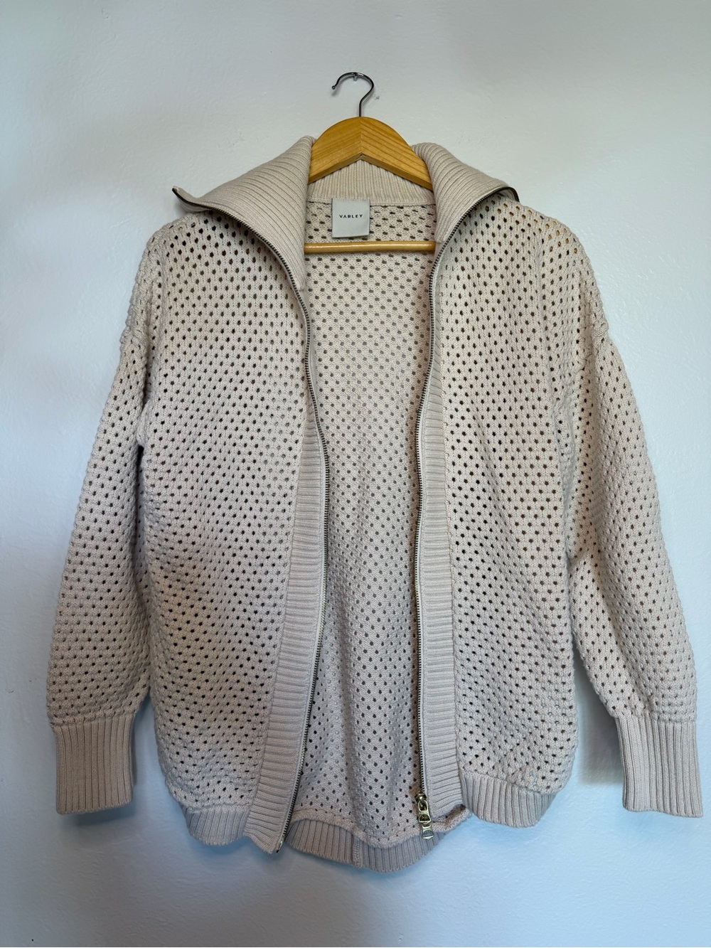 Varley Cream Open-Knit Zip Cardigan Sweater